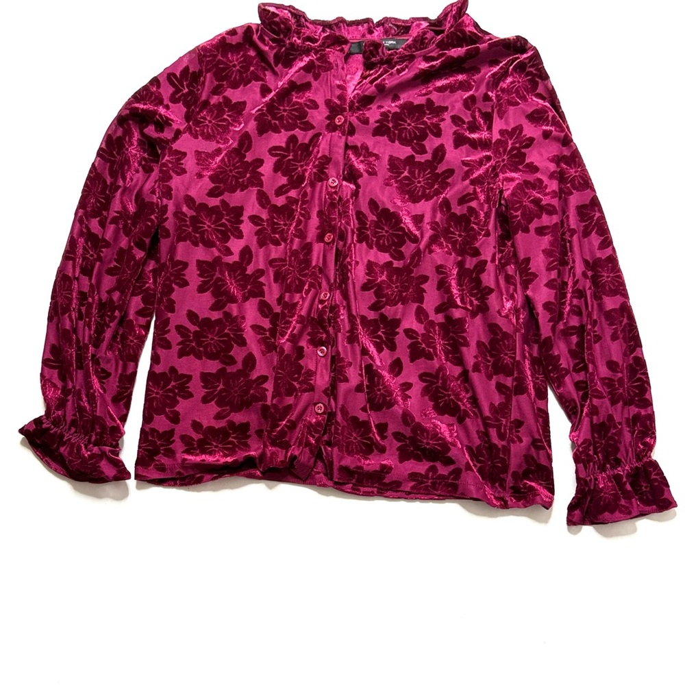 Marc New York Burgundy Velvet Floral Long Sleeve Blouse Size Large